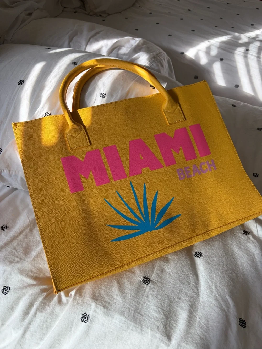 Yellow Miami Beach Graphic Tote Bag with Pink Logo